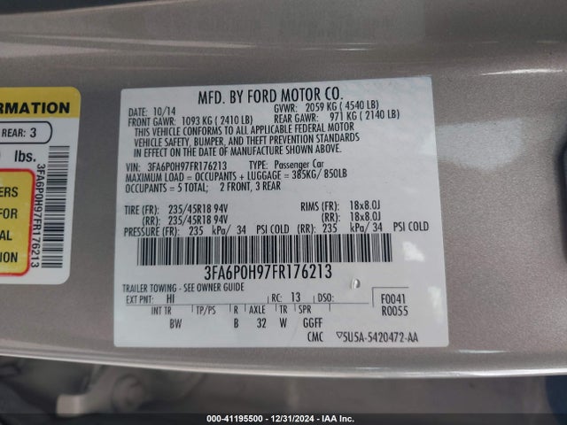 Ford FUSION SE 2015 3FA6P0H97FR176213 Image 9