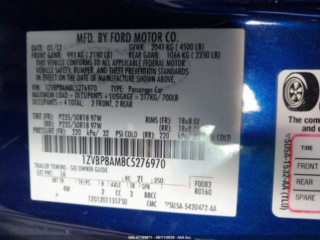 2012 FORD MUSTANG 1ZVBP8AM8C5276970 Photo 8