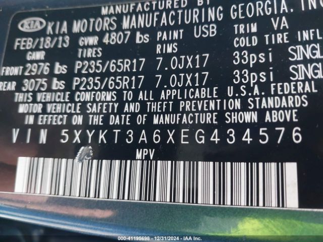 5XYKT3A6XEG434576 KIA SORENTO LX