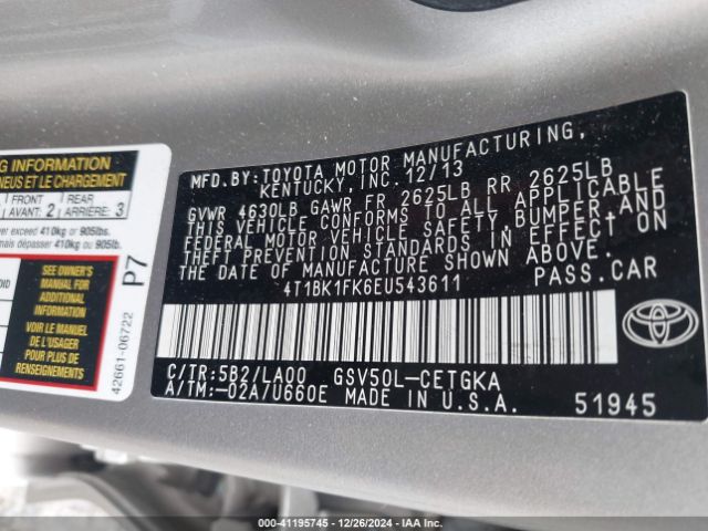 4T1BK1FK6EU543611 Toyota Camry Xle V6