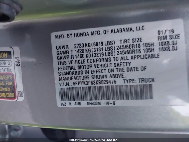 Honda Ridgeline Rtl-t 2019 5FPYK3F68KB029476 Image 9