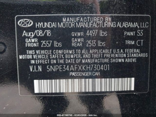 5NPE34AFXKH730401 Hyundai SONATA SEL