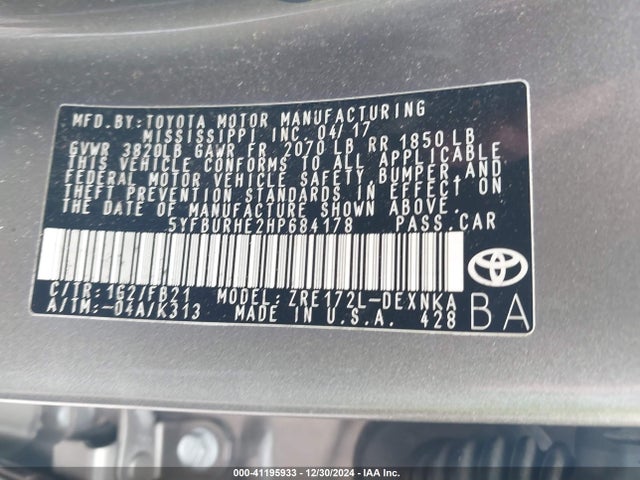 5YFBURHE2HP684178 Toyota COROLLA LE