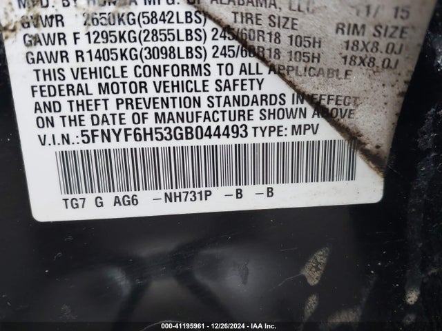 Honda Pilot Ex-l 2016 5FNYF6H53GB044493 Image 9