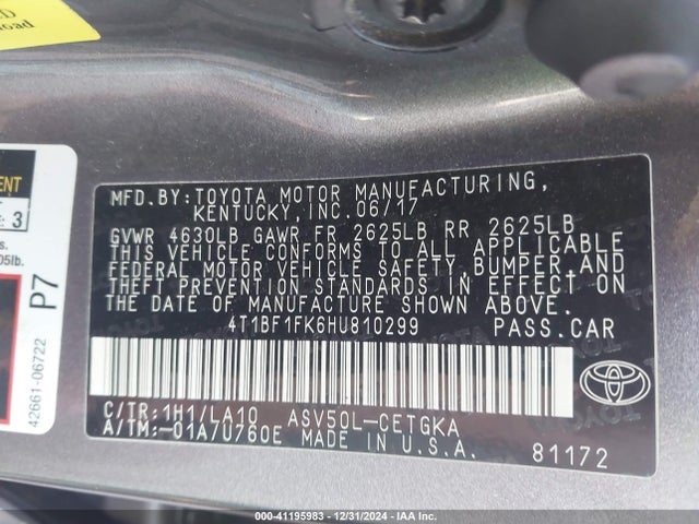 Toyota CAMRY XLE 2017 4T1BF1FK6HU810299 Image 9