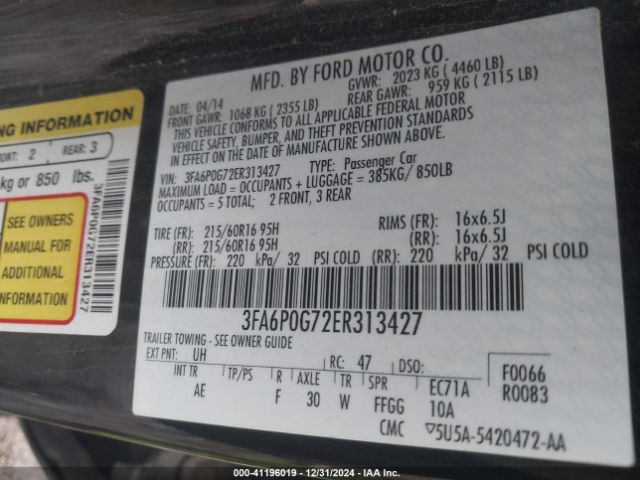 3FA6P0G72ER313427 Ford FUSION S
