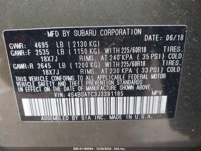 Subaru Outback 2.5i Touring 2018 4S4BSATC3J3391185 Image 9