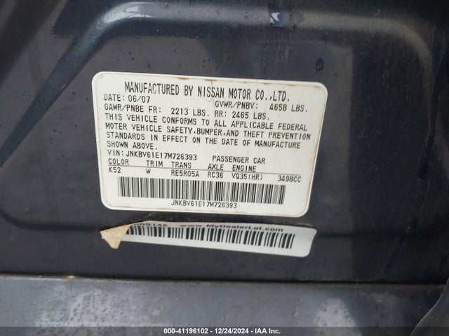 Aukcja sprzedaży 2007 Infiniti G35 Sport, vin: JNKBV61E17M726393, numer aukcji: 41196102