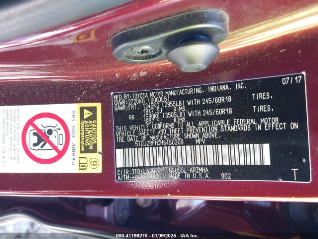 5TDJZRFHXHS450209 Toyota Highlander Xle