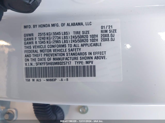 5FNYF5H65MB025717 Honda Pilot 2wd Touring 7 Passenger