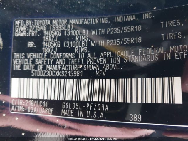5TDDZ3DCXKS215981 Toyota Sienna Xle 7 Passenger