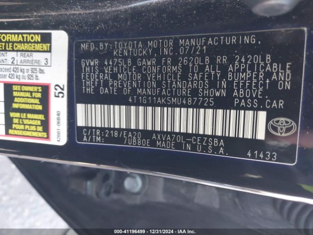 4T1G11AK5MU487725 Toyota CAMRY SE
