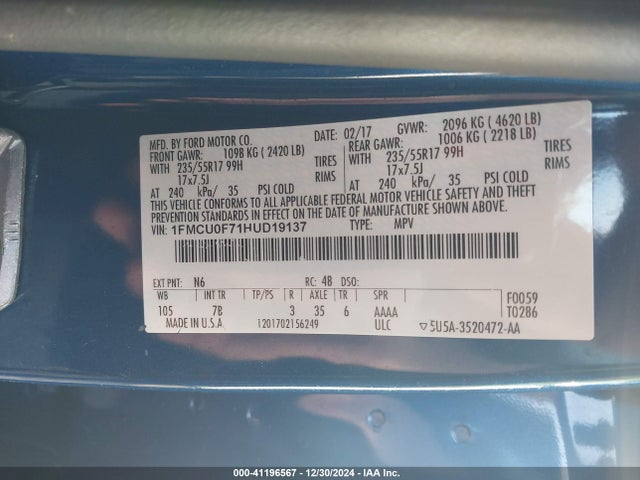 1FMCU0F71HUD19137 Ford ESCAPE S