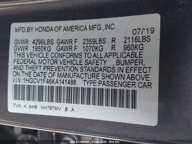 Honda ACCORD EX 2019 1HGCV1F46KA141488 Image 9