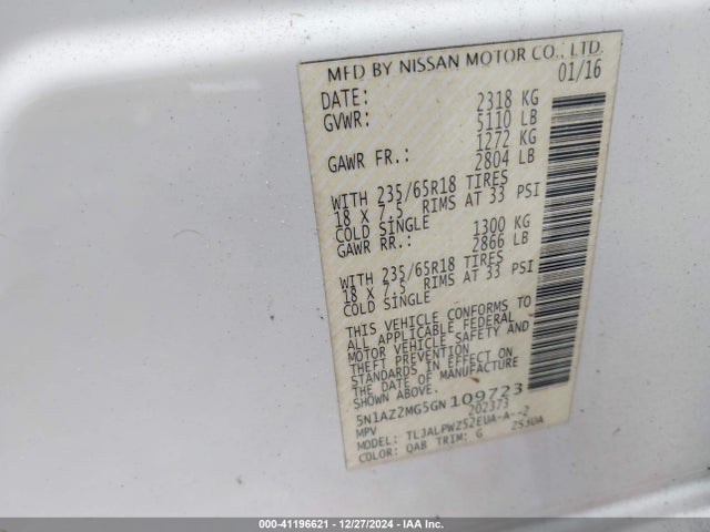 Nissan MURANO S 2016 5N1AZ2MG5GN109723 Image 9