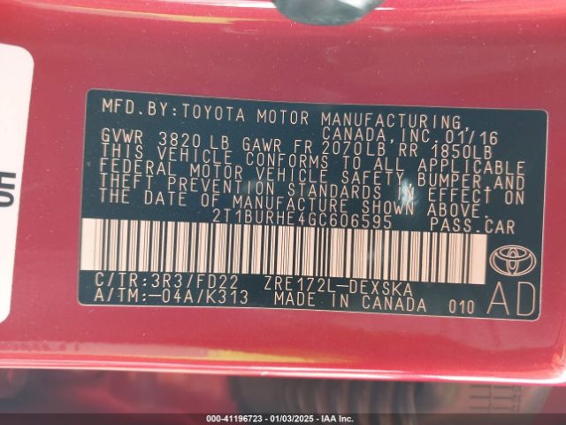 2T1BURHE4GC606595 Toyota Corolla L/le/le Pls/prm/s/s Pls