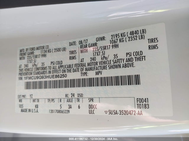 1FMCU9G93HUE86250 Ford ESCAPE SE