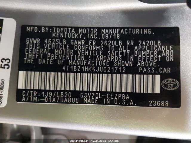 4T1BZ1HK6JU021712 Toyota Camry Xse V6