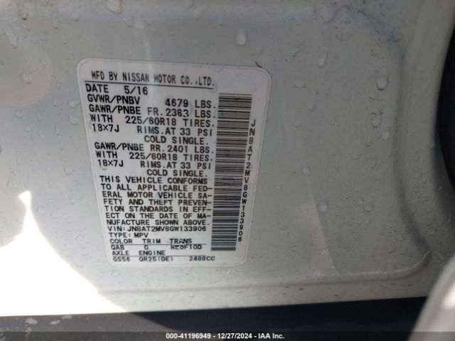 JN8AT2MV8GW133906 Nissan Rogue Sl