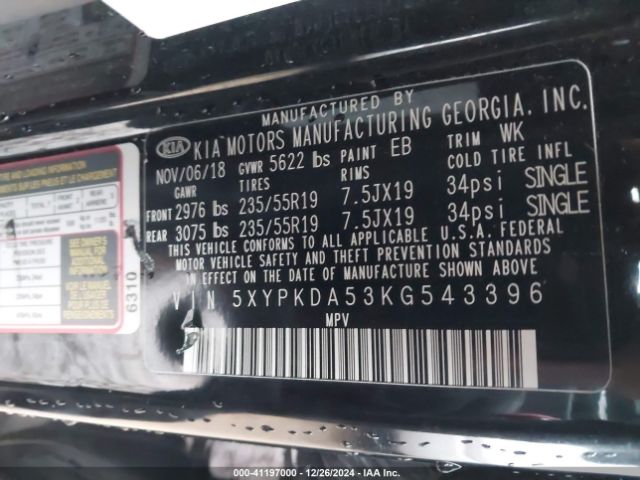 5XYPKDA53KG543396 KIA Sorento 3.3l Sx