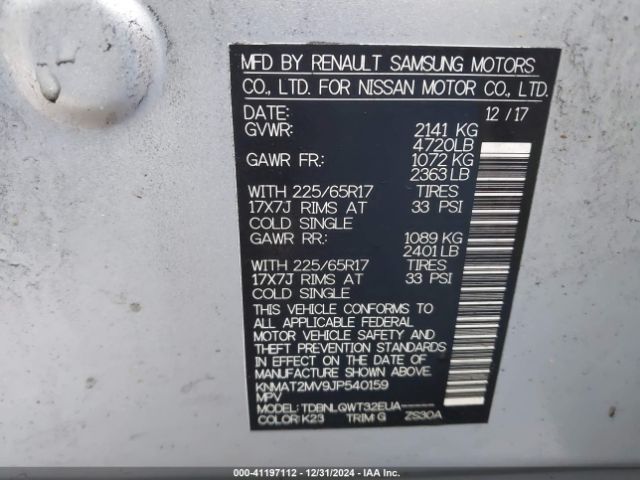 KNMAT2MV9JP540159 Nissan ROGUE SV