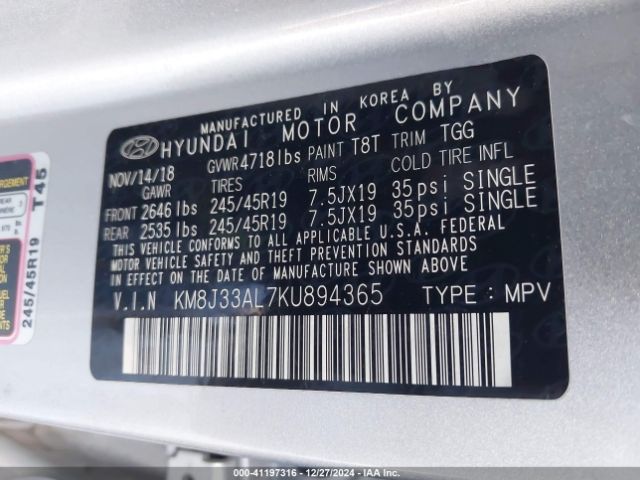 KM8J33AL7KU894365 Hyundai Tucson Sport