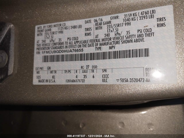 Ford ESCAPE SE 2017 1FMCU9GD0HUA76655 Image 9