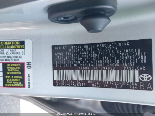 5YFBURHE6EP094089 Toyota Corolla L/le/le Pls/prm/s/s Pls