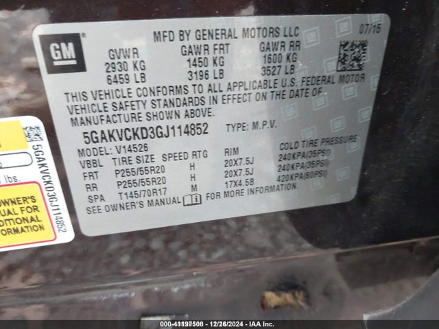 41197508 :رقم المزاد ، 5GAKVCKD3GJ114852 vin ، 2016 Buick Enclave Premium مزاد بيع