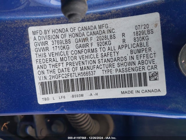 Honda Civic Lx 2020 2HGFC2F67LH566537 Image 9
