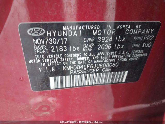 KMHD84LF6JU608080 Hyundai ELANTRA SEL