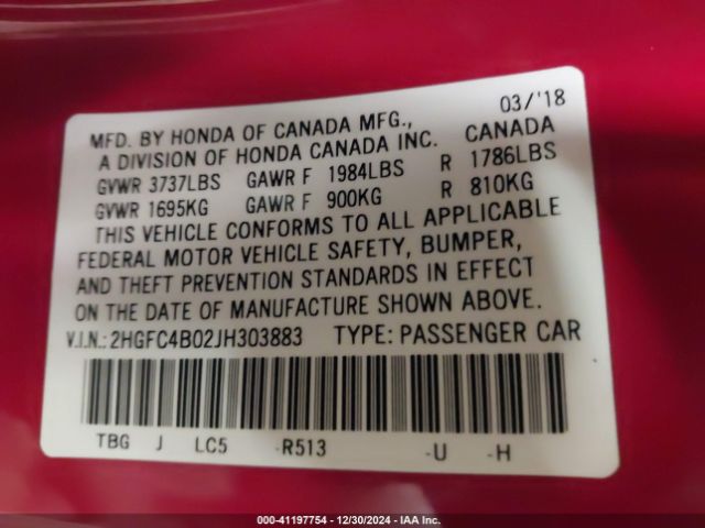 2HGFC4B02JH303883 Honda Civic Lx-p