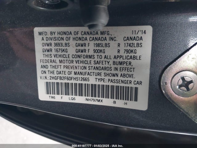 Honda Civic Hf 2015 2HGFB2F60FH512665 Image 9