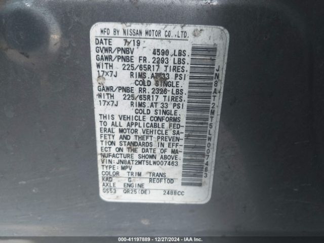 JN8AT2MT5LW007463 Nissan Rogue S Fwd