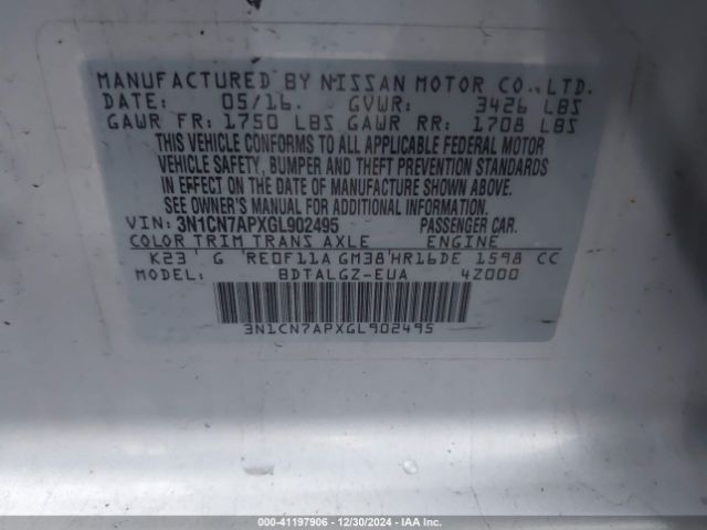 3N1CN7APXGL902495 Nissan Versa 1.6 Sl