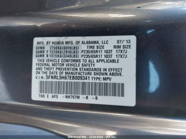5FNRL5H67EB009341 Honda Odyssey Ex-l