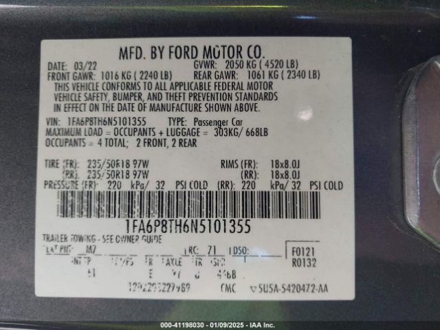 1FA6P8TH6N5101355 Ford Mustang Ecoboost Premium Fastback
