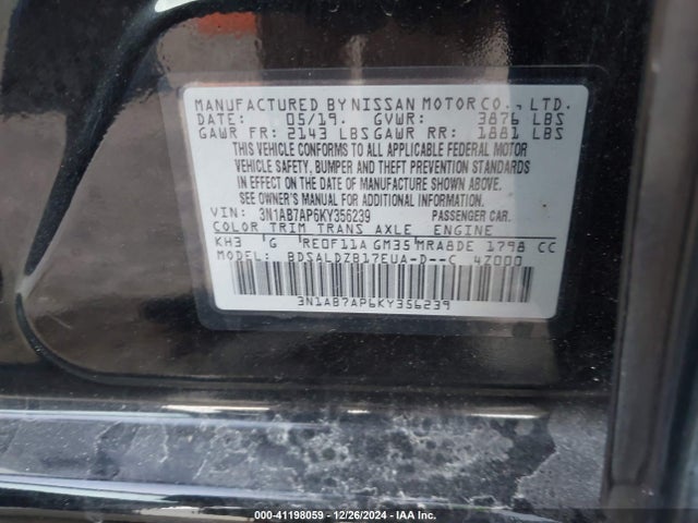Nissan SENTRA SV 2019 3N1AB7AP6KY356239 Image 9