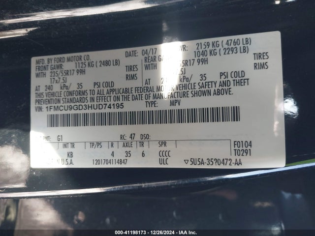 Ford ESCAPE SE 2017 1FMCU9GD3HUD74195 Image 9