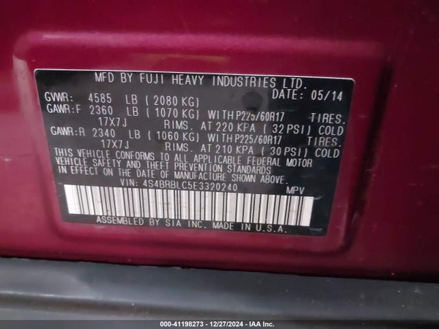Subaru Outback 2.5i Limited 2014 4S4BRBLC5E3320240 Image 9