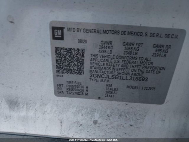 3GNCJLSB1LL316693 Chevrolet Trax Fwd Lt