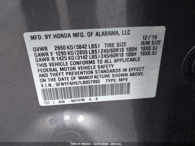 5FNYF6H57LB037993 Honda Pilot Awd Ex-l