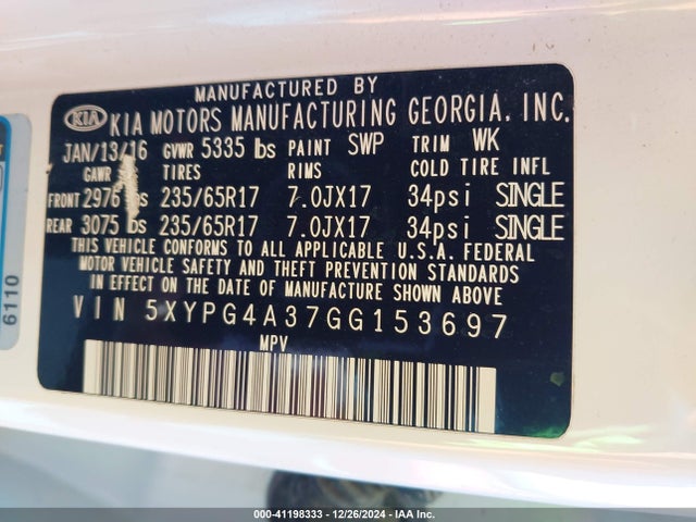 KIA Sorento 2.4l Lx 2016 5XYPG4A37GG153697 Image 9