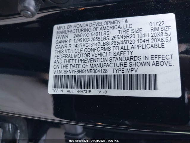 Honda Passport Awd Elite 2022 5FNYF8H04NB004128 Image 9