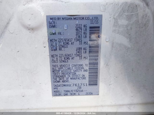 5N1AT2MVXGC761751 Nissan Rogue S/sl/sv