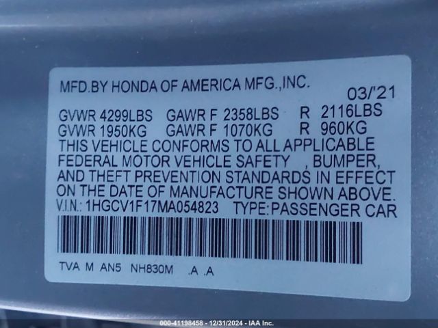 1HGCV1F17MA054823 Honda ACCORD LX
