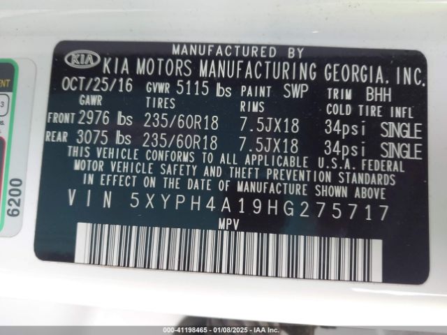 5XYPH4A19HG275717 KIA Sorento 2.0t Ex