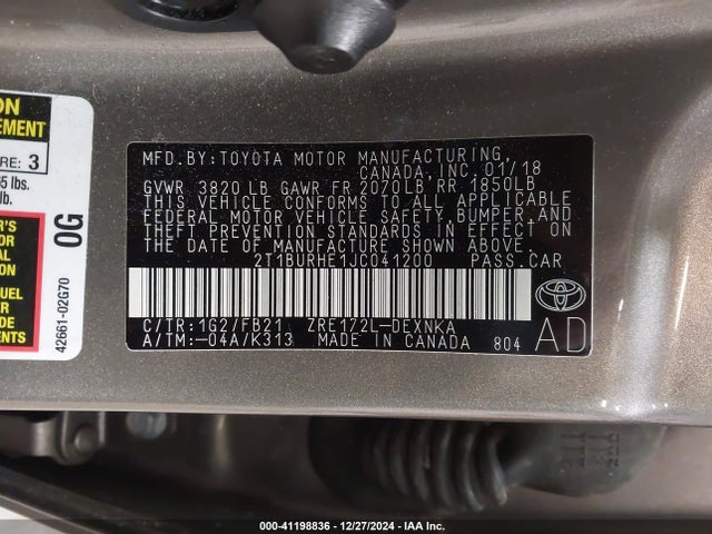 2T1BURHE1JC041200 Toyota COROLLA LE