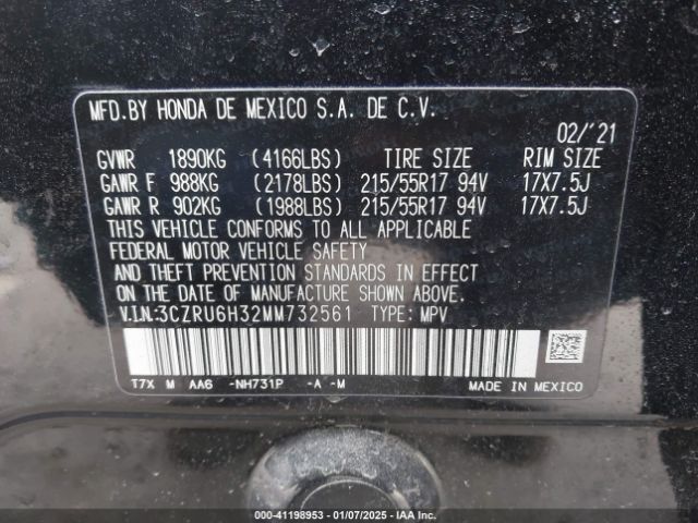 3CZRU6H32MM732561 Honda Hr-v Awd Lx