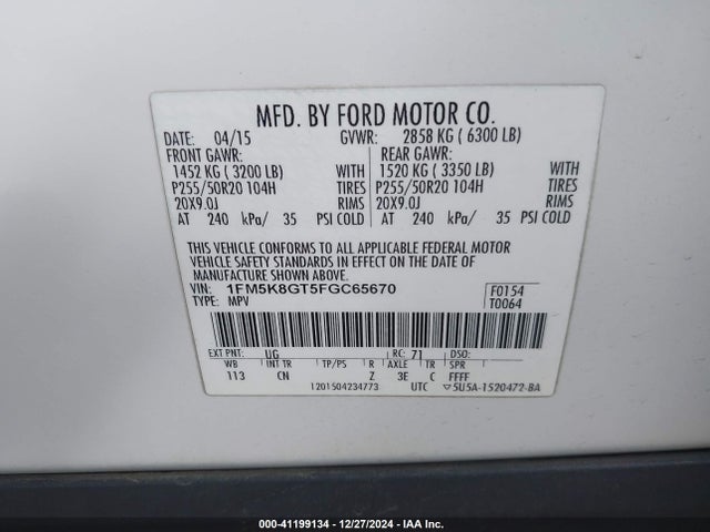 Ford EXPLORER SPORT 2015 1FM5K8GT5FGC65670 Image 9